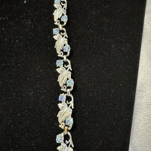 Vintage Signed Coro Silver Tone and Blue Crystal Floral Bracelet 7”